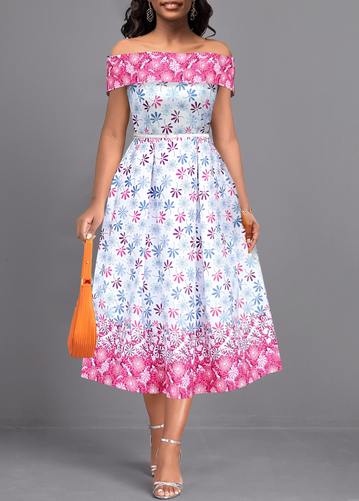 ROTITA Patchwork Ditsy Floral Print Multi Color Off Shoulder Dress