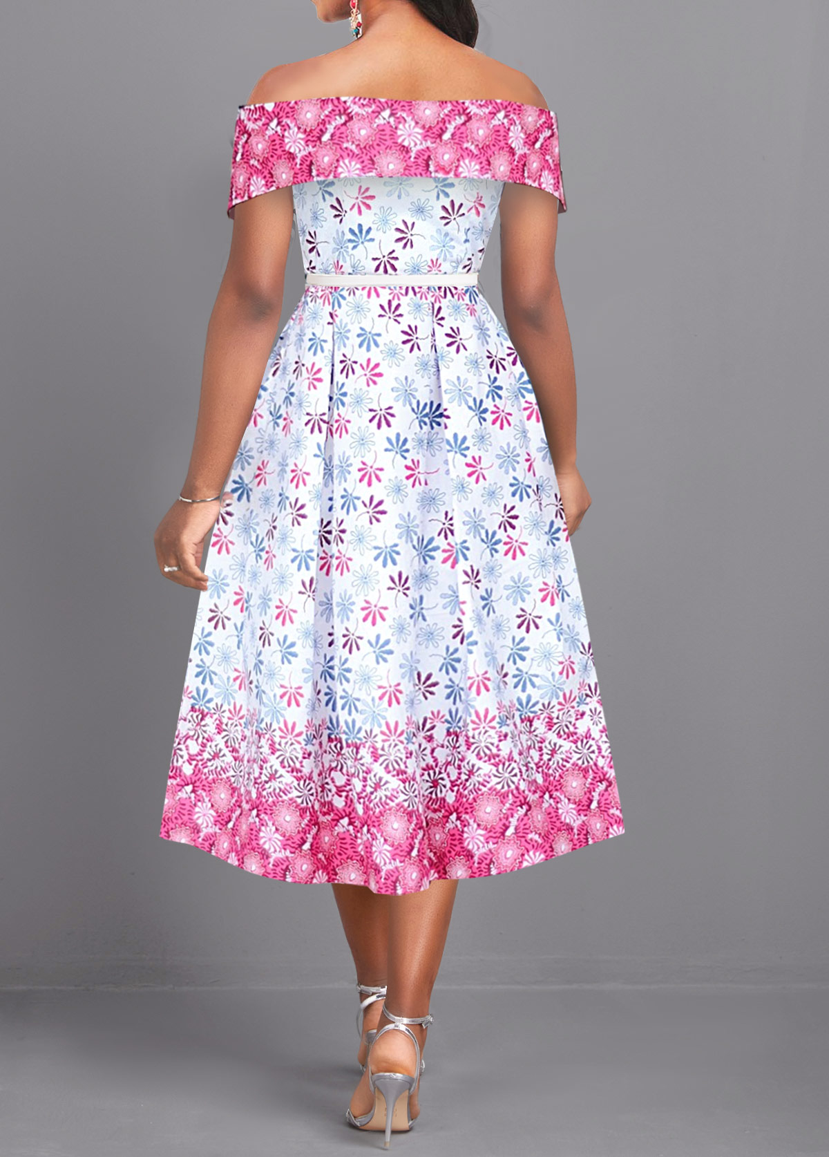 Multi Color dresses,White dresses,Ditsy Floral dresses,Party dresses,Elegant dresses,ROTITA Patchwork Ditsy Floral Print Multi Color Off Shoulder Dress