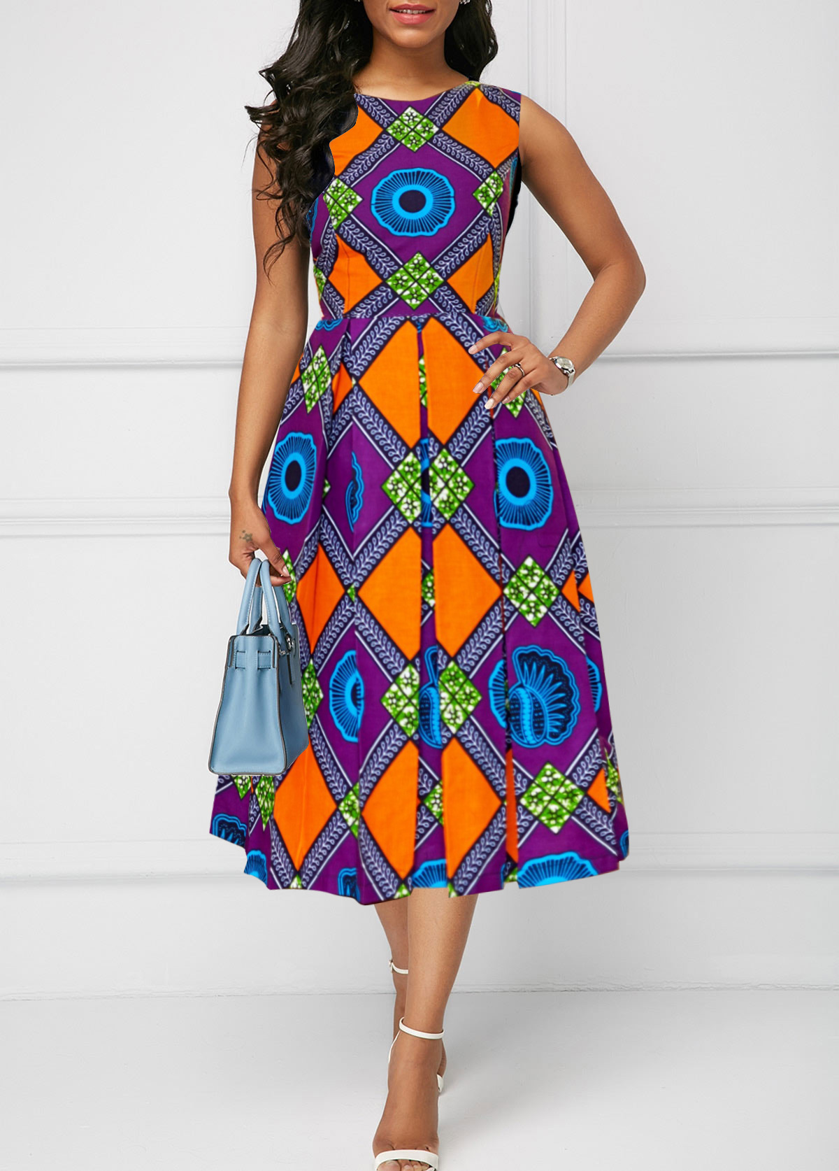 ROTITA Patchwork Tribal Print Multi Color Round Neck Sleeveless Dress
