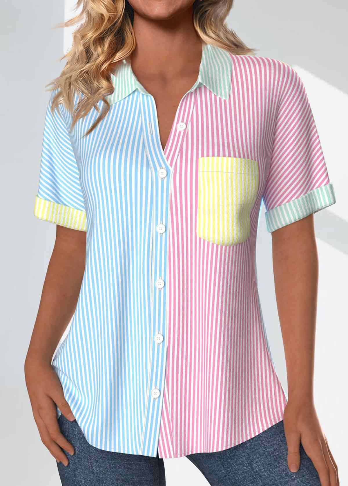 ROTITA Patchwork Striped Rainbow Color Shirt Collar Short Sleeve Blouse