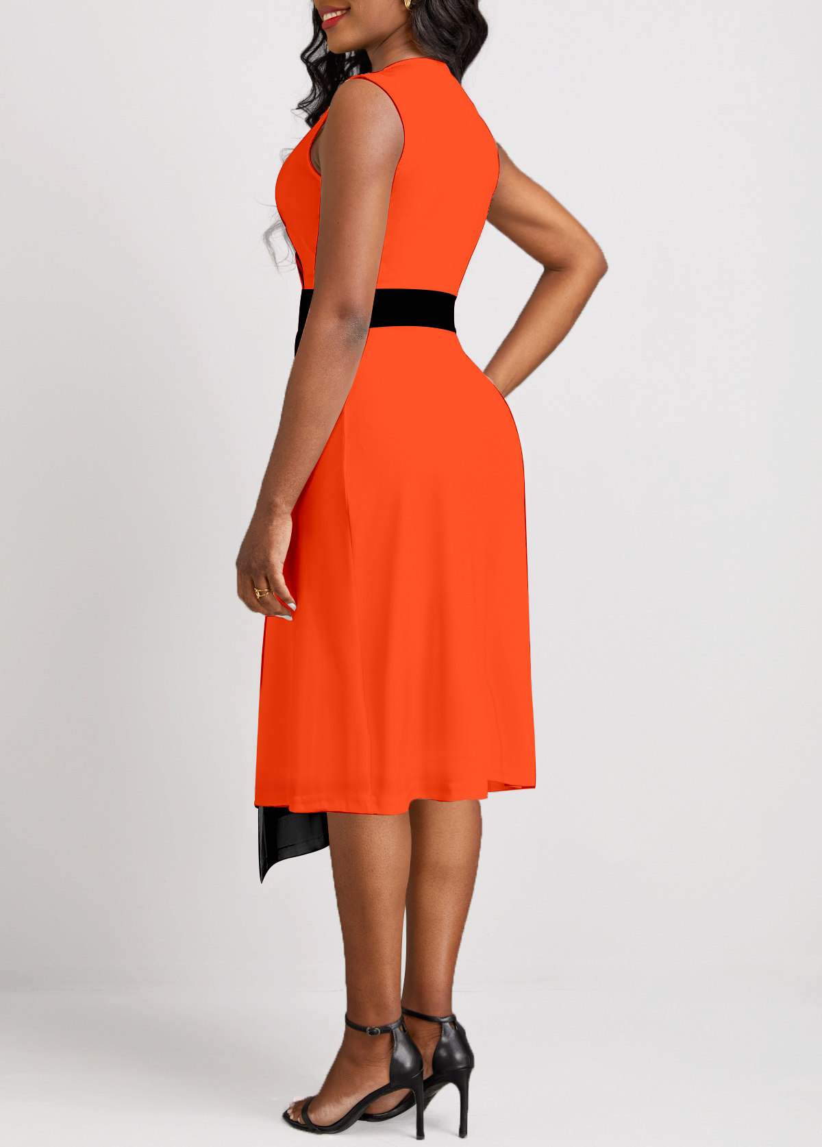 Orange dresses,Striped dresses,Geometric dresses,Party dresses,Elegant dresses,Patchwork Striped Orange V Neck Sleeveless Dress