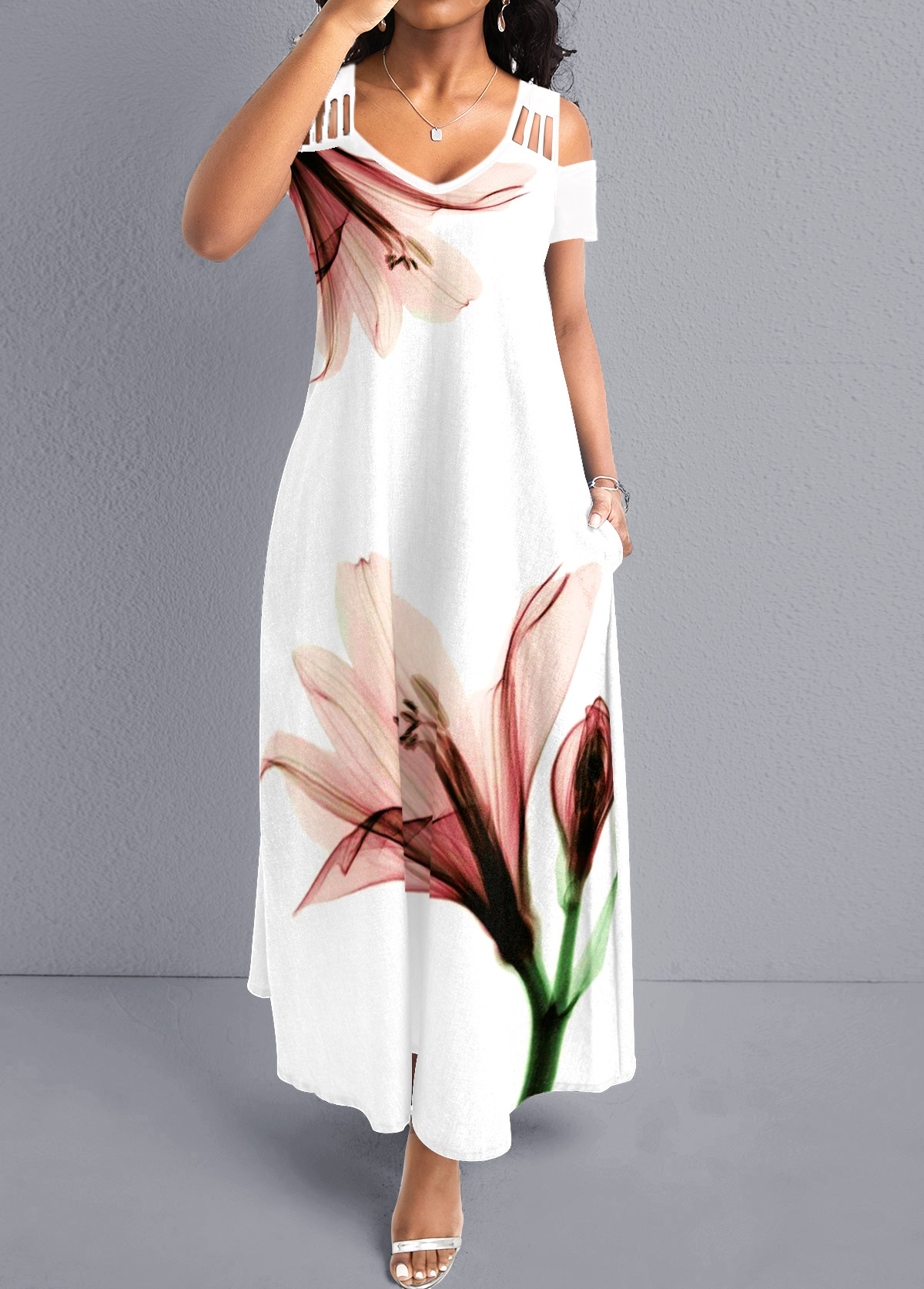 robe longue trapèze blanche à imprimé floral respirant