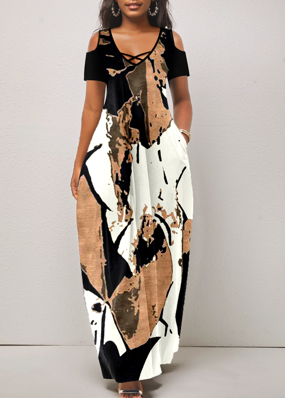Breathable Graffiti Print Light Camel Maxi O Shape Dress