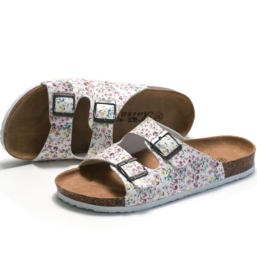 White shoes,Floral shoes,Plants shoes,Floral Print White Falt Open Toe Sliders