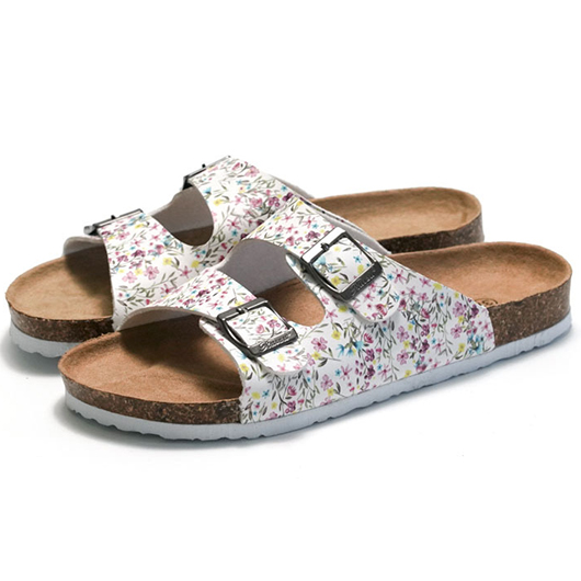 White shoes,Floral shoes,Plants shoes,Floral Print White Falt Open Toe Sliders