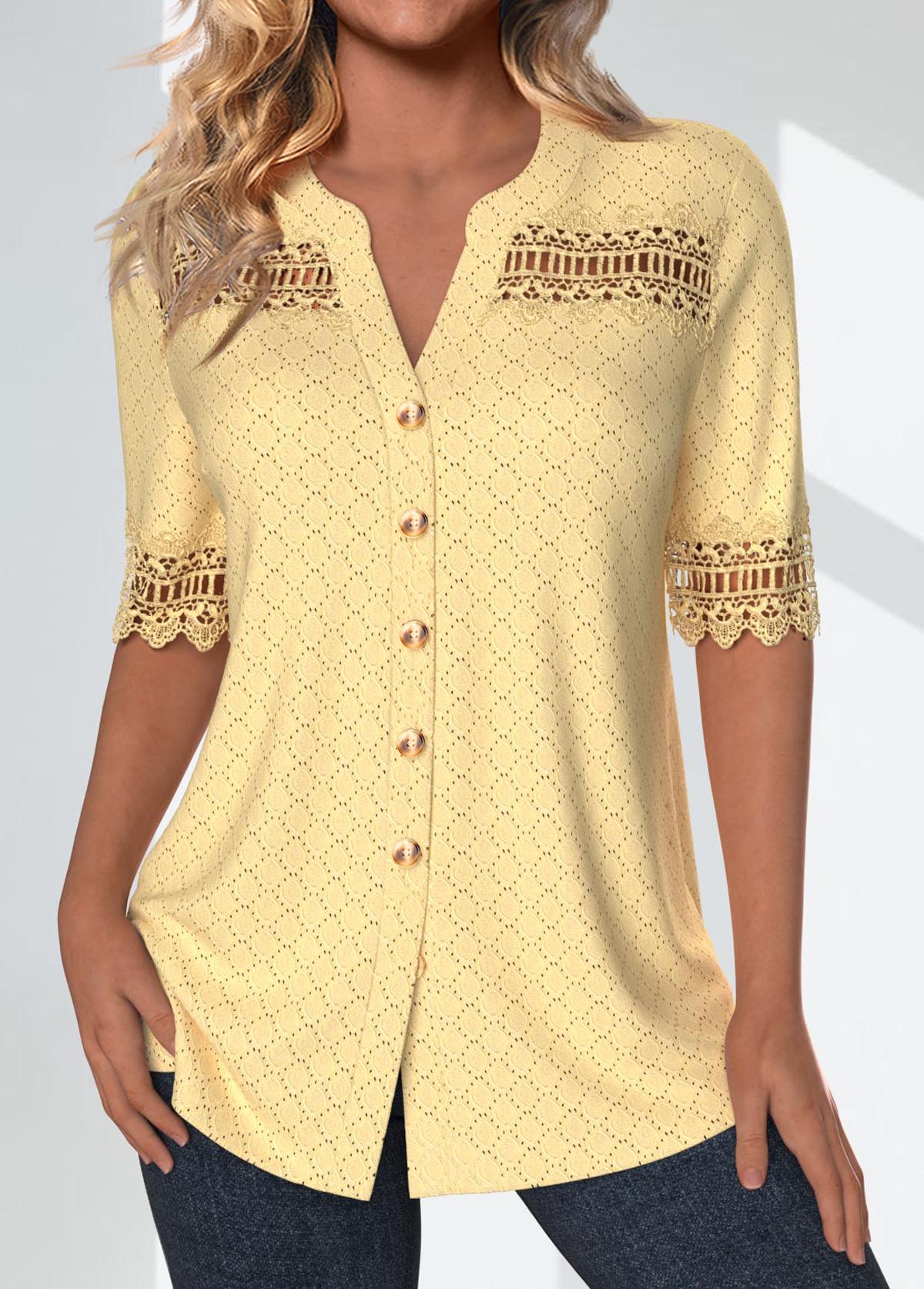 blouse rotita patchwork jaune clair à manches courtes et col fendu