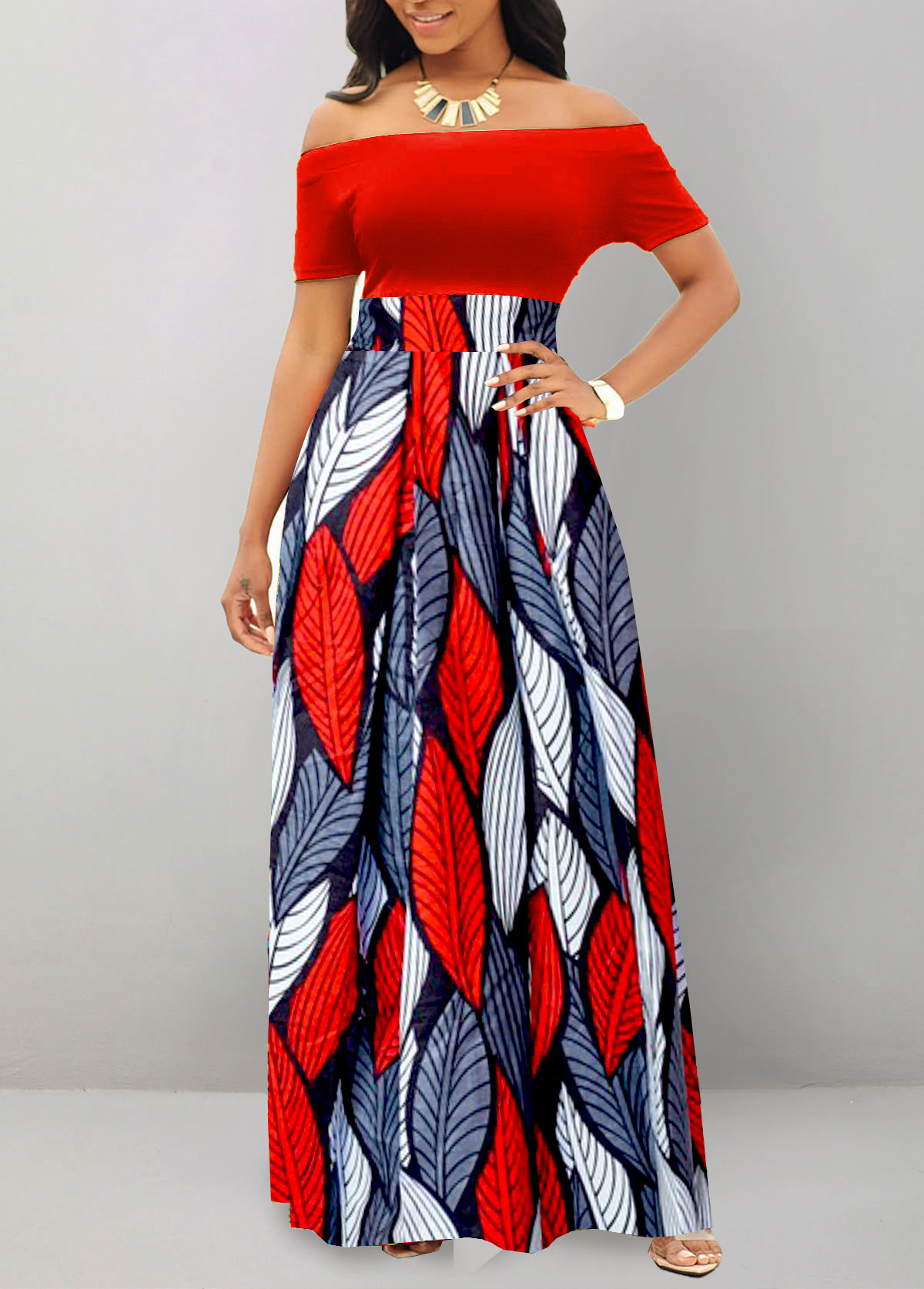 ROTITA Patchwork Tribal Print Red Off Shoulder Maxi Dress