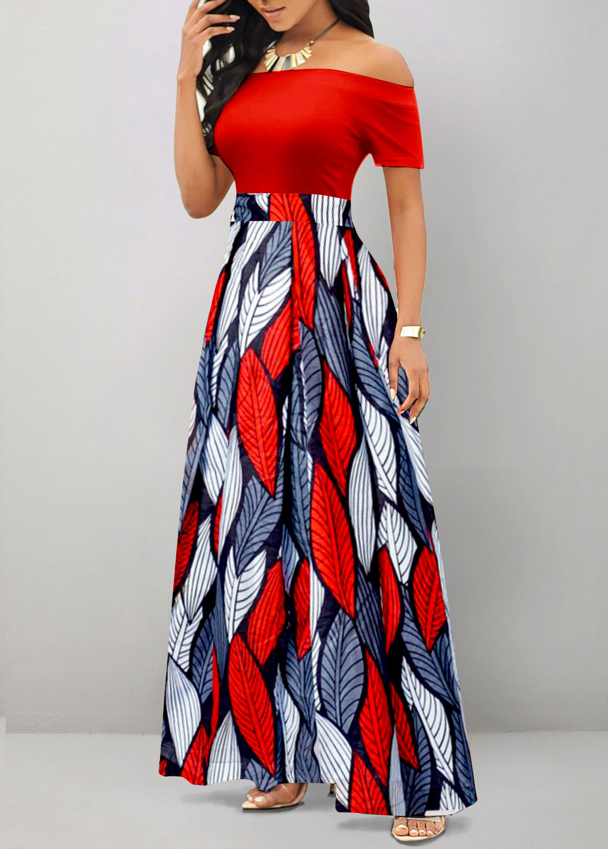 Red dresses,Blue dresses,Plants dresses,Striped dresses,Geometric dresses,Party dresses,Elegant dresses,ROTITA Patchwork Tribal Print Red Off Shoulder Maxi Dress