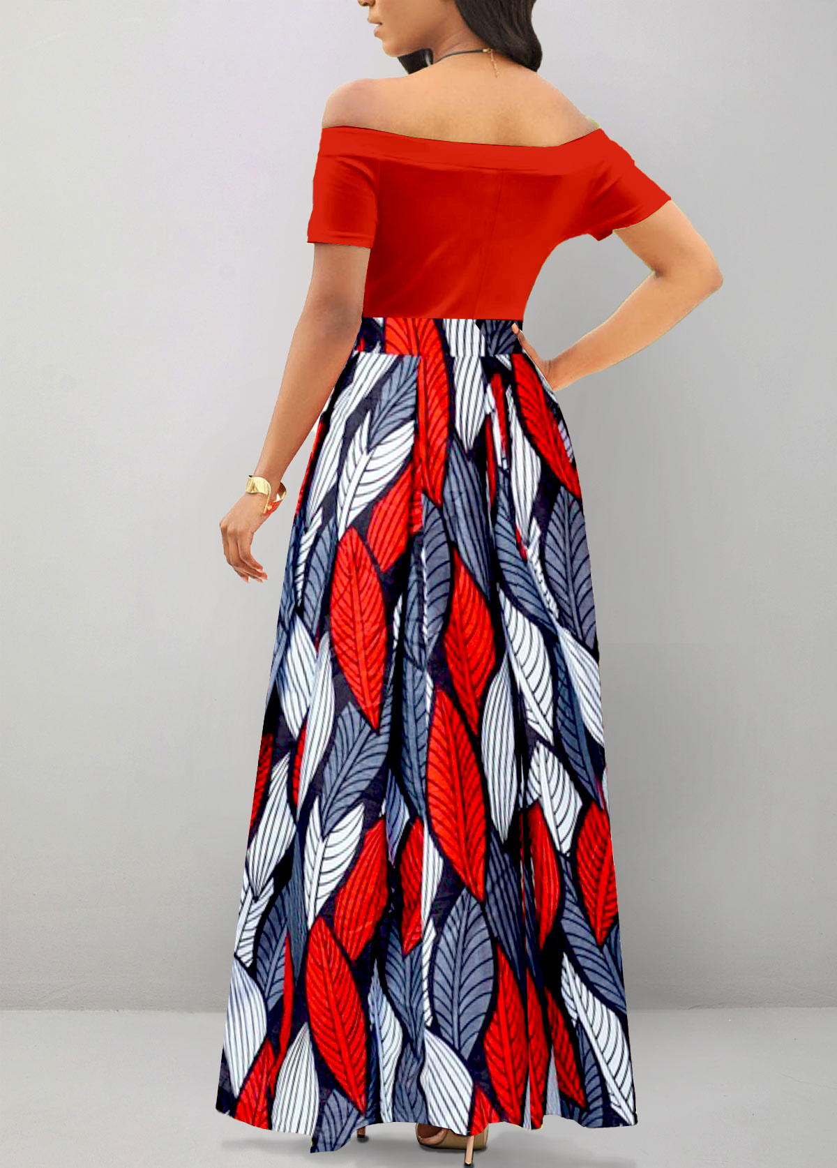 Red dresses,Blue dresses,Plants dresses,Striped dresses,Geometric dresses,Party dresses,Elegant dresses,ROTITA Patchwork Tribal Print Red Off Shoulder Maxi Dress