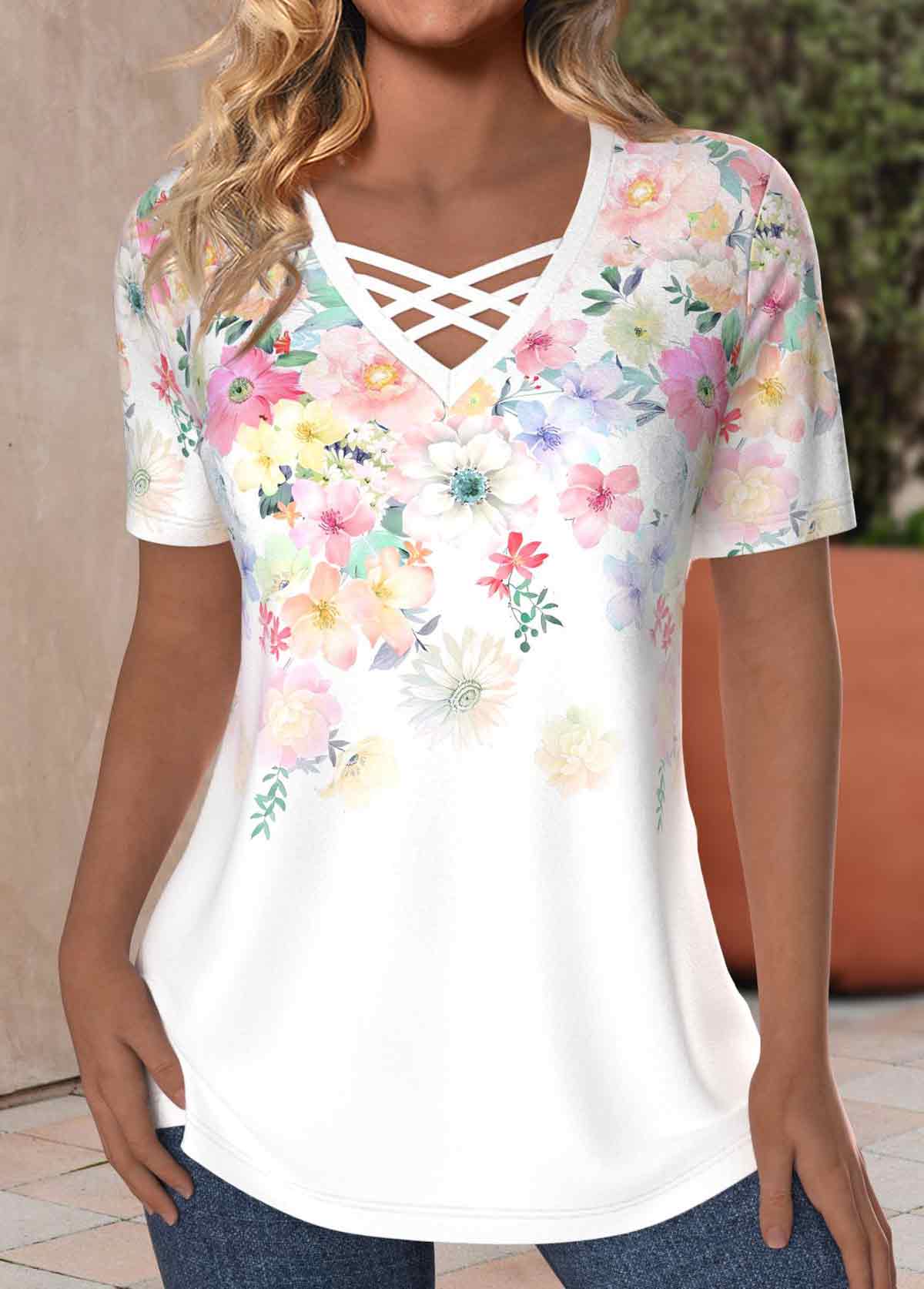 ROTITA Criss Cross Floral Print White V Neck T Shirt