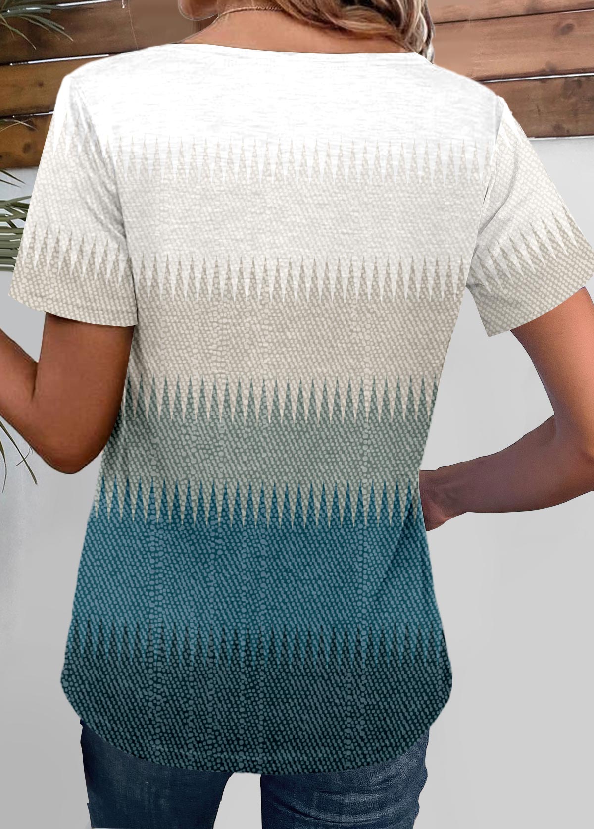 Peacock Blue tops,White tops,Ombre tops,Geometric tops,Chevron tops,Dot tops,ROTITA Breathable Ombre Peacock Blue Square Neck T Shirt