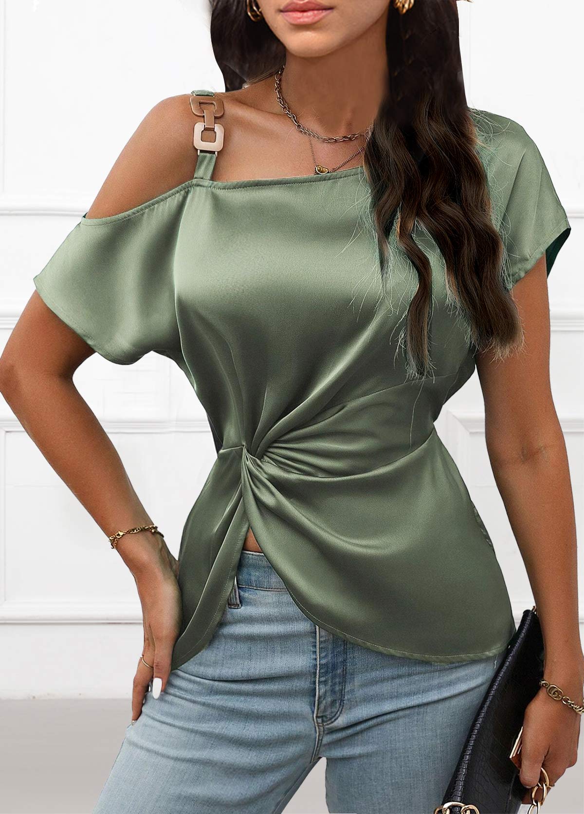 rotita chain sage vert une épaule t-shirt à manches courtes