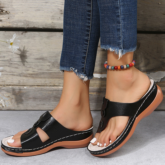 Black shoes,Plain Color shoes,Black Low Heel Toe Post Flip Flops