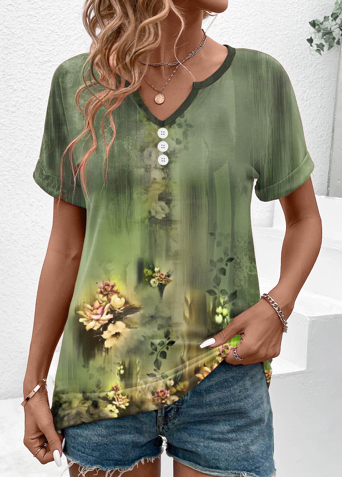Button Floral Print Sage Green Split Neck T Shirt