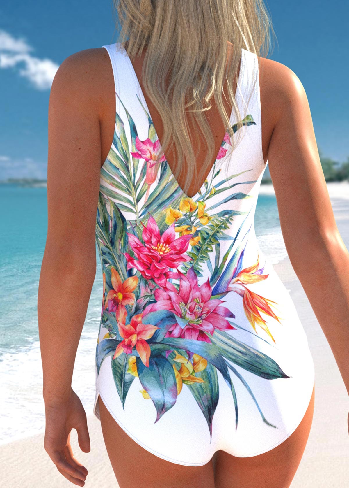 White swimwear,Floral swimwear,Plants swimwear,ROTITA White Floral Print One Piece Swimwear