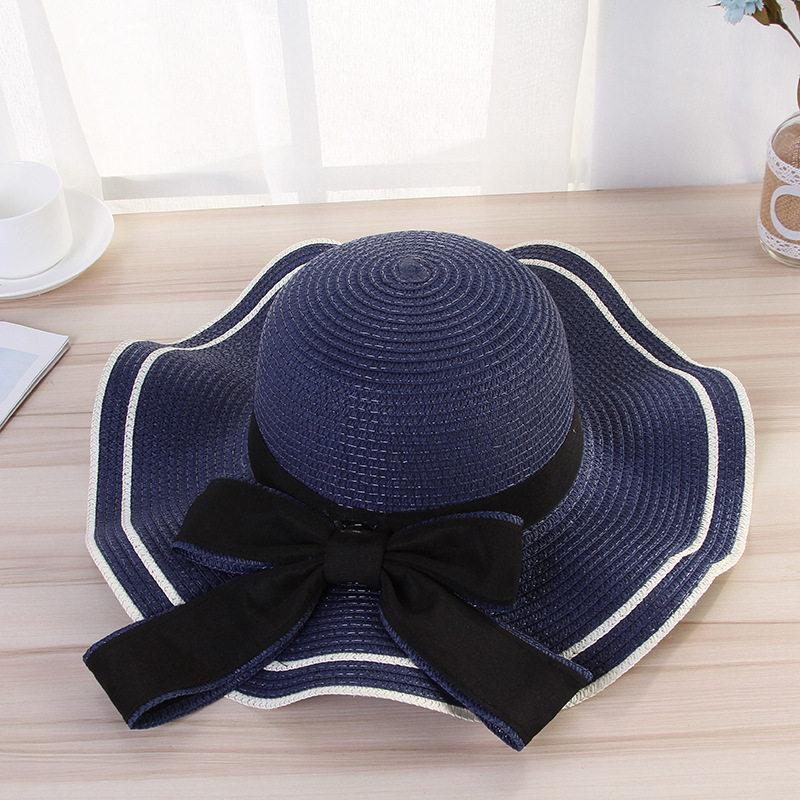 Bowknot Striped Navy Straw Visor Hat