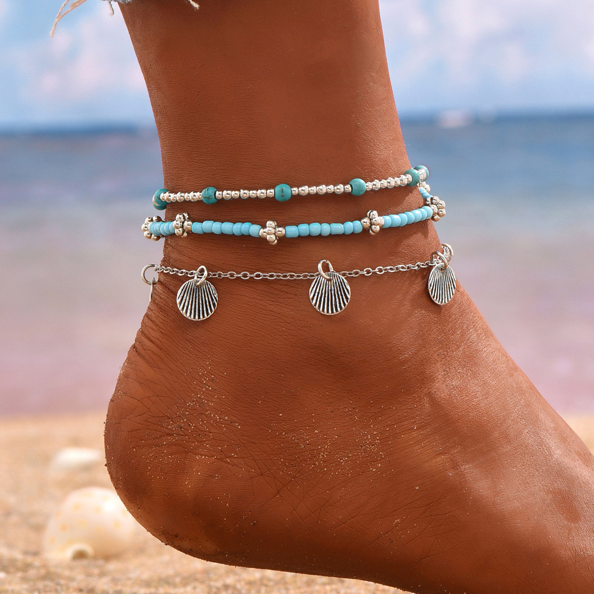 Turquoise Iron Baded Design Anklet Set