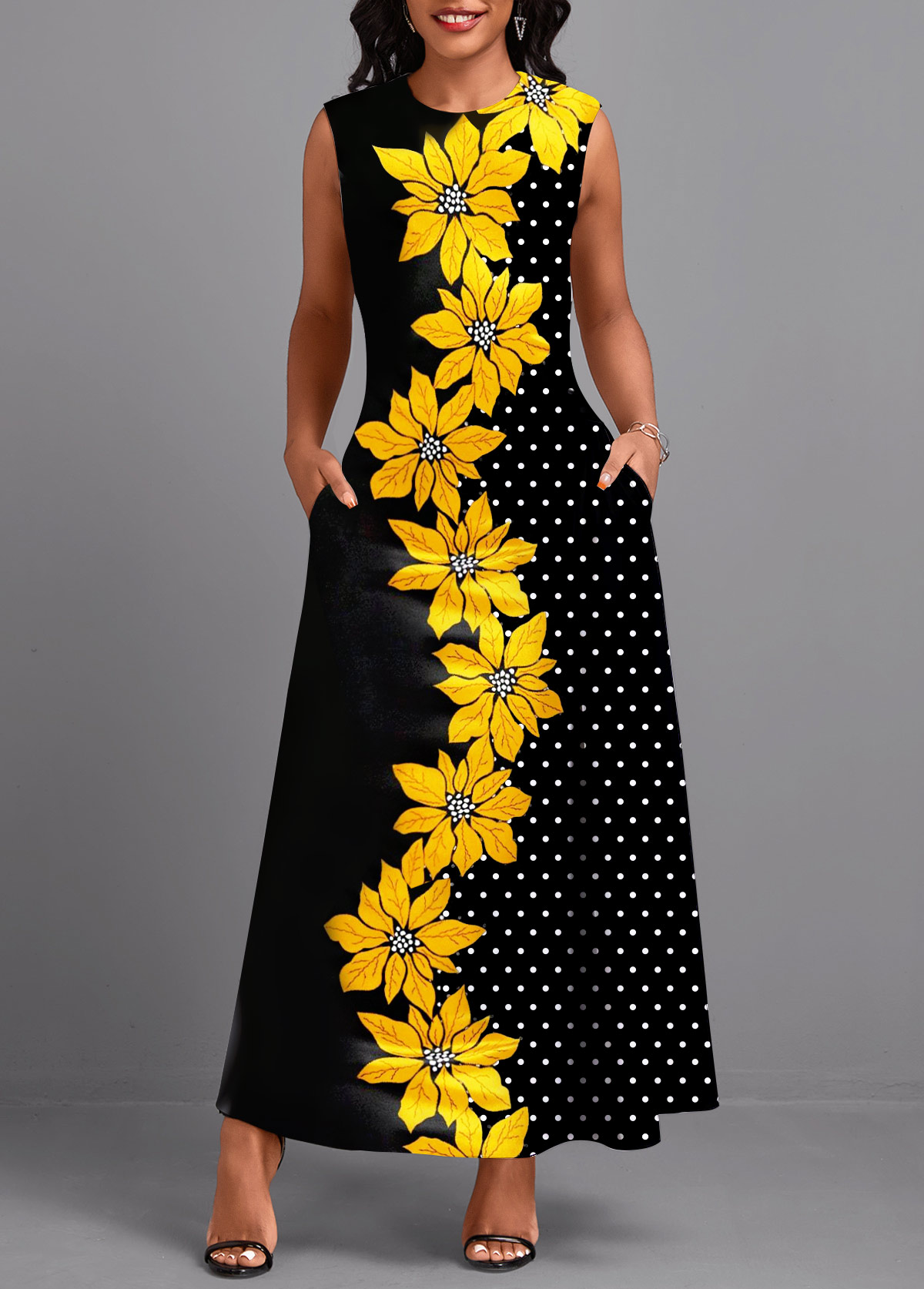 ROTITA Double Side Pockets Floral Print Black Sleeveless Maxi Dress