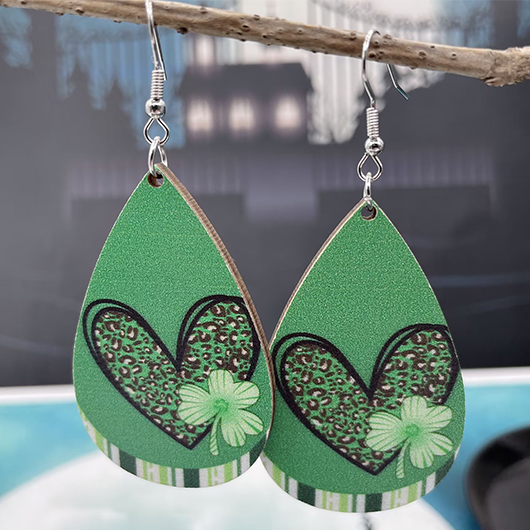 Geometric Heart Green Clover Wood Earrings