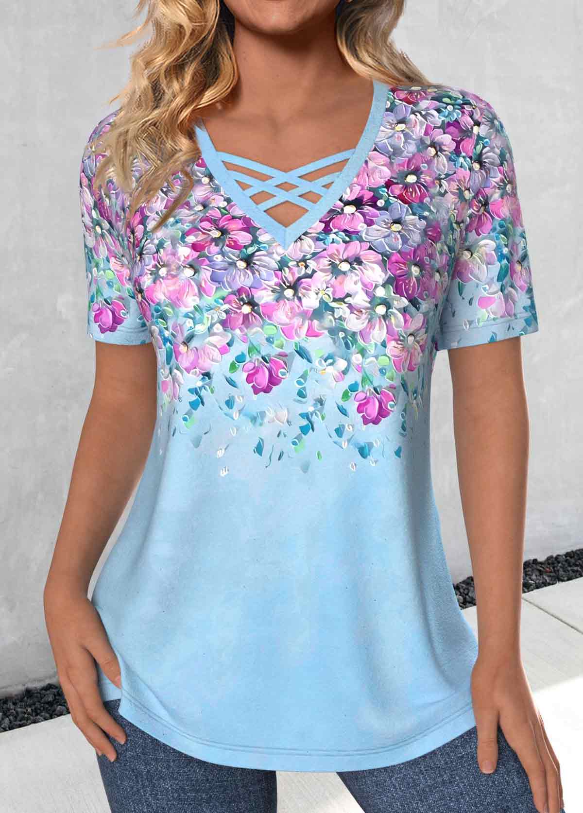 ROTITA Criss Cross Floral Print Light Blue T Shirt