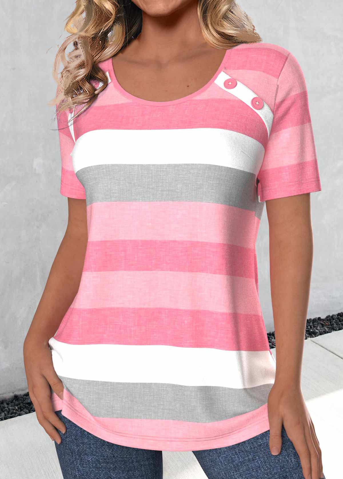 Light Pink plus size,Pink plus size,Striped plus size,Geometric plus size,ROTITA Plus Size Button Light Pink Striped T Shirt