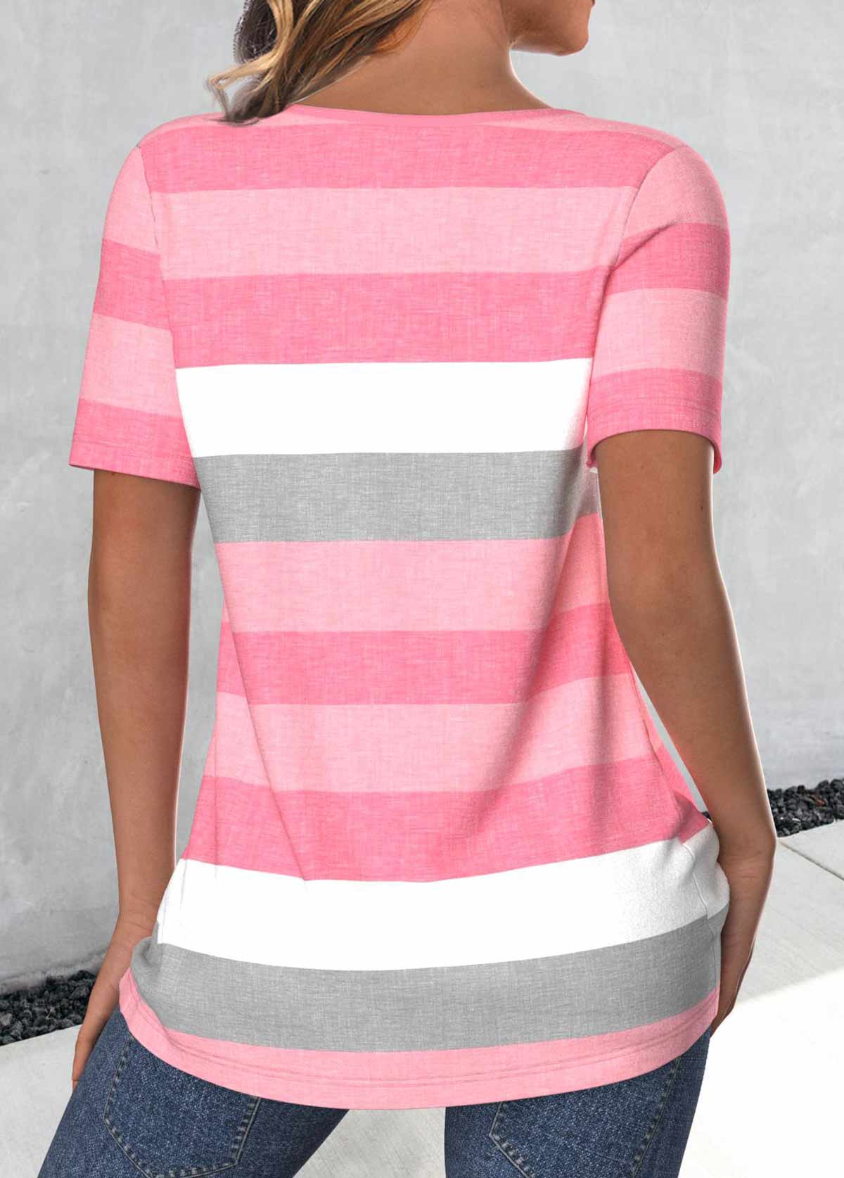 Light Pink plus size,Pink plus size,Striped plus size,Geometric plus size,ROTITA Plus Size Button Light Pink Striped T Shirt
