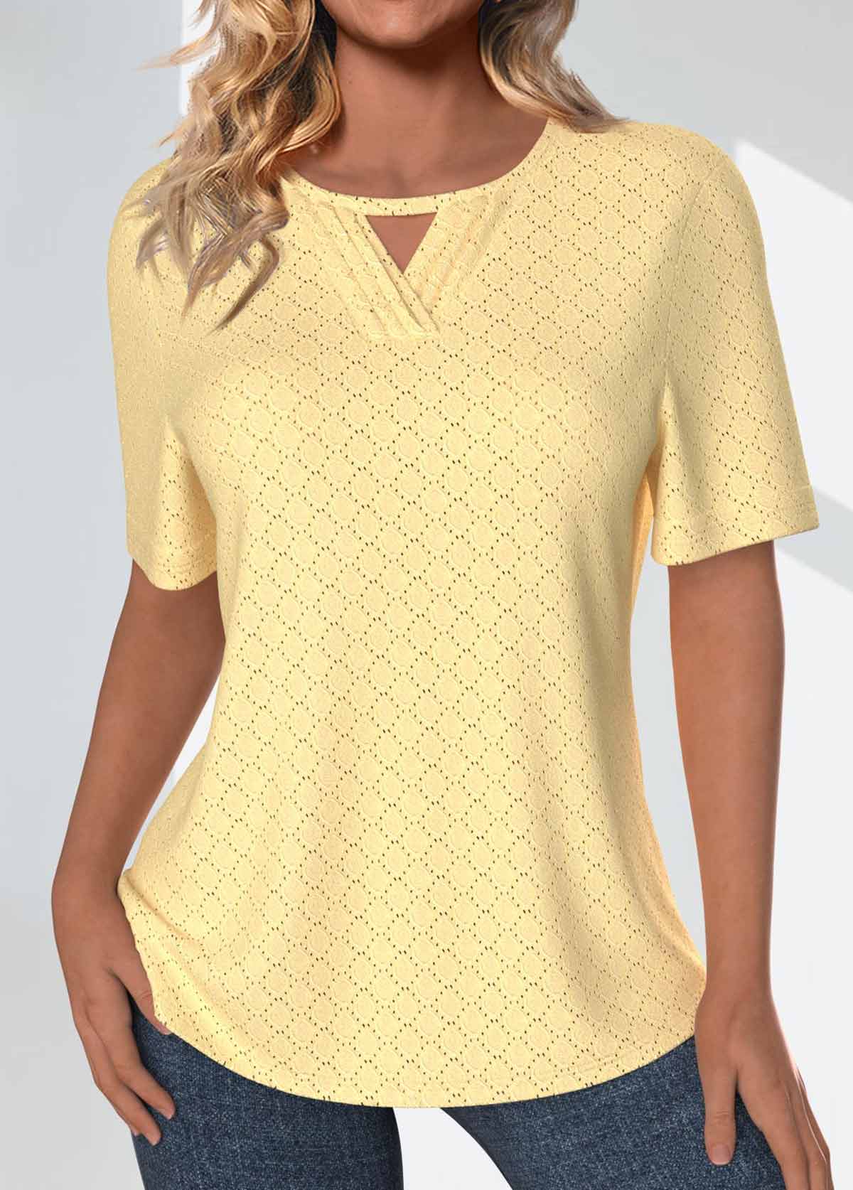 Light Yellow tops,Plain Color tops,ROTITA Jacquard Light Yellow Round Neck Short Sleeve T Shirt