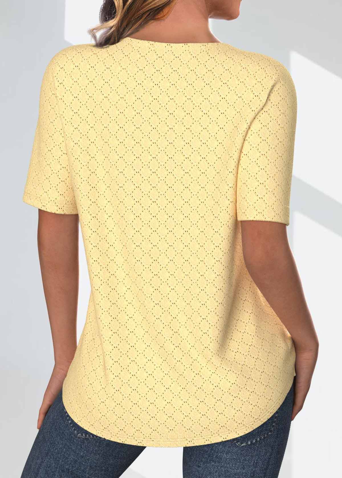 Light Yellow tops,Plain Color tops,ROTITA Jacquard Light Yellow Round Neck Short Sleeve T Shirt