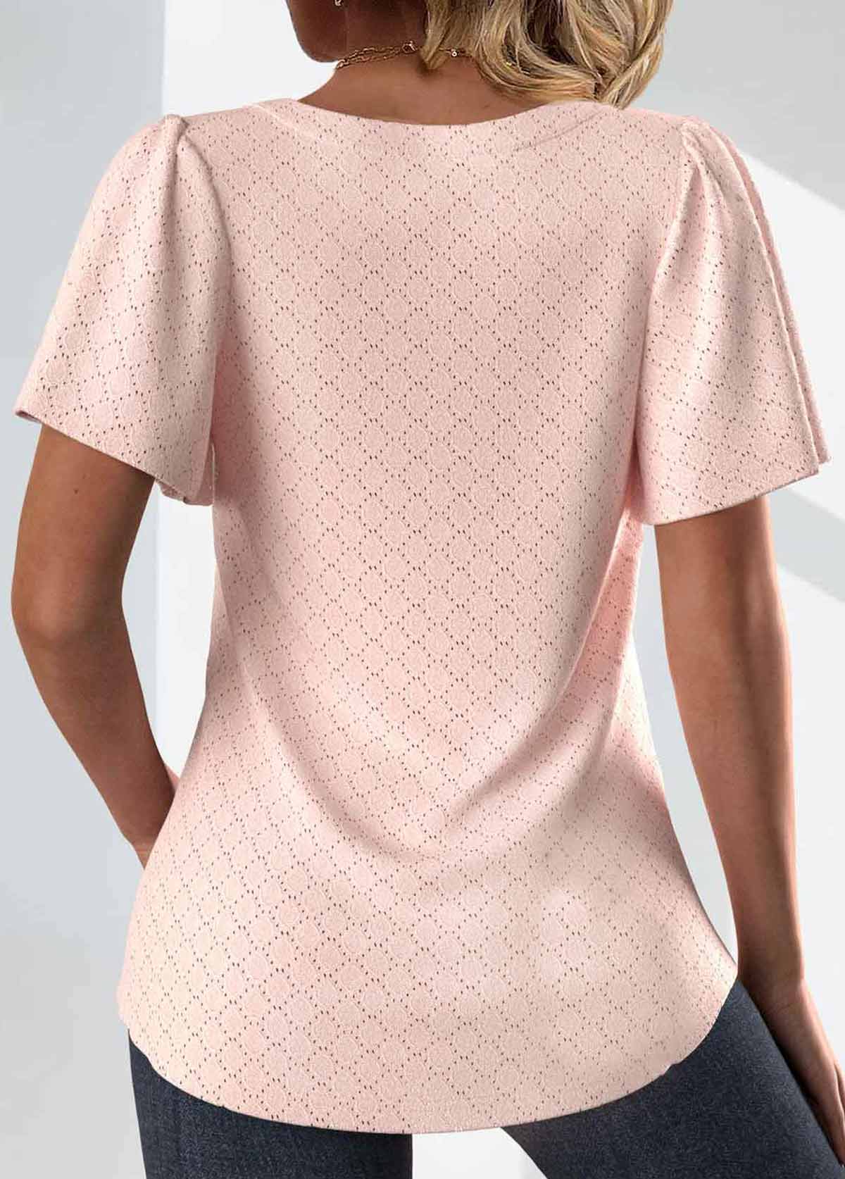 Dusty Pink tops,Plain Color tops,ROTITA Textured Fabric Dusty Pink Square Neck T Shirt