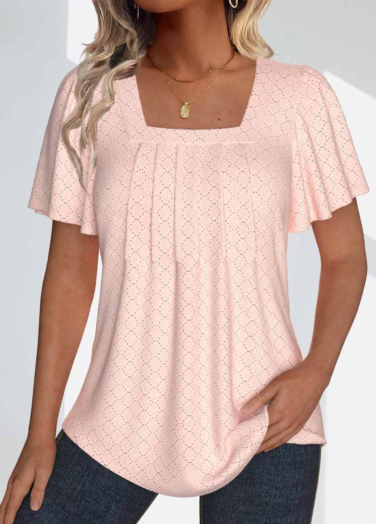 Dusty Pink tops,Plain Color tops,ROTITA Textured Fabric Dusty Pink Square Neck T Shirt