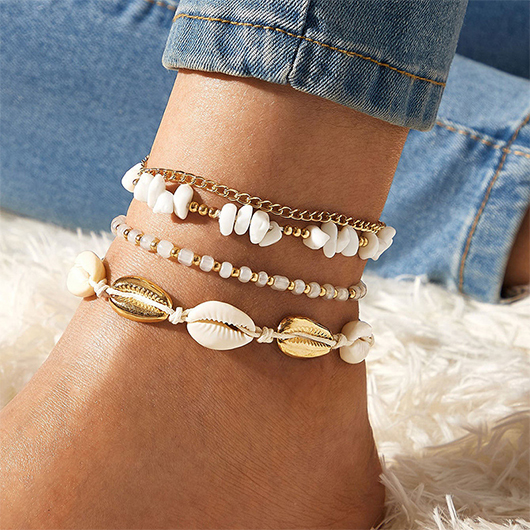 Gold Beaded Patchwork Alloy Shell Anklets