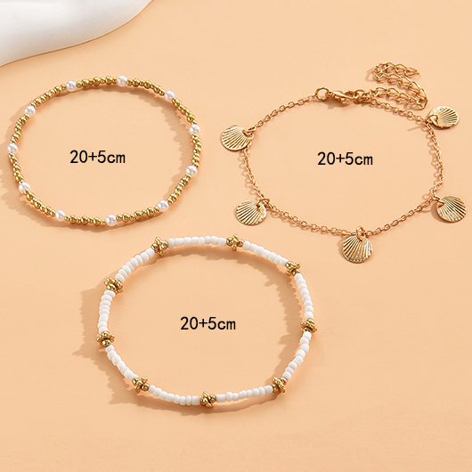 Gold jewelry,White jewelry,Contrast Color jewelry,Seashell Detail Round Gold Anklet Set