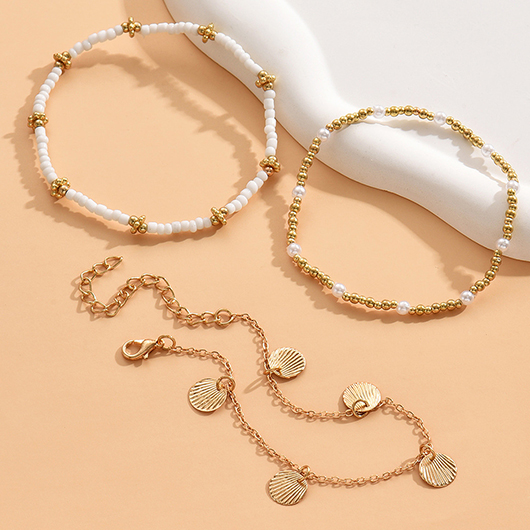 Gold jewelry,White jewelry,Contrast Color jewelry,Seashell Detail Round Gold Anklet Set