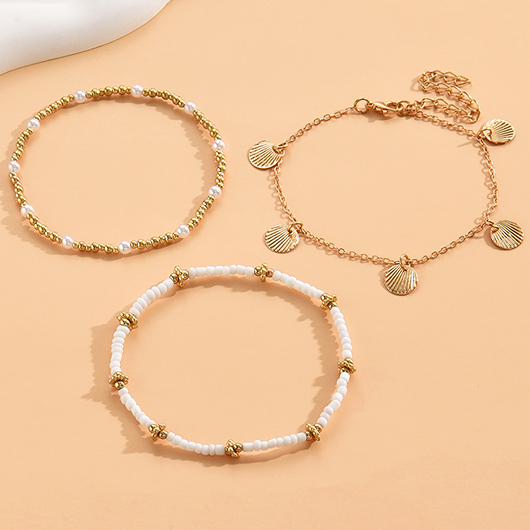 Gold jewelry,White jewelry,Contrast Color jewelry,Seashell Detail Round Gold Anklet Set