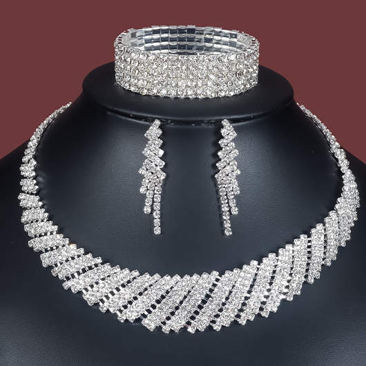 Rhinestone Silvery White Copper Necklace and Bracelet Set