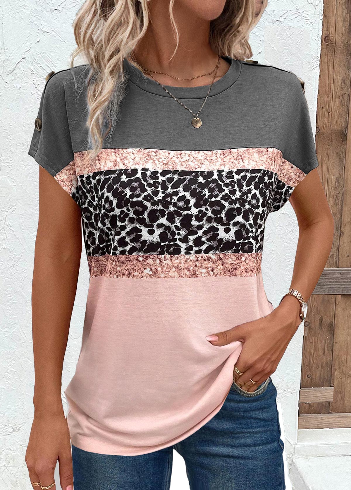 ROTITA Button Leopard Pink Round Neck Short Sleeve T Shirt