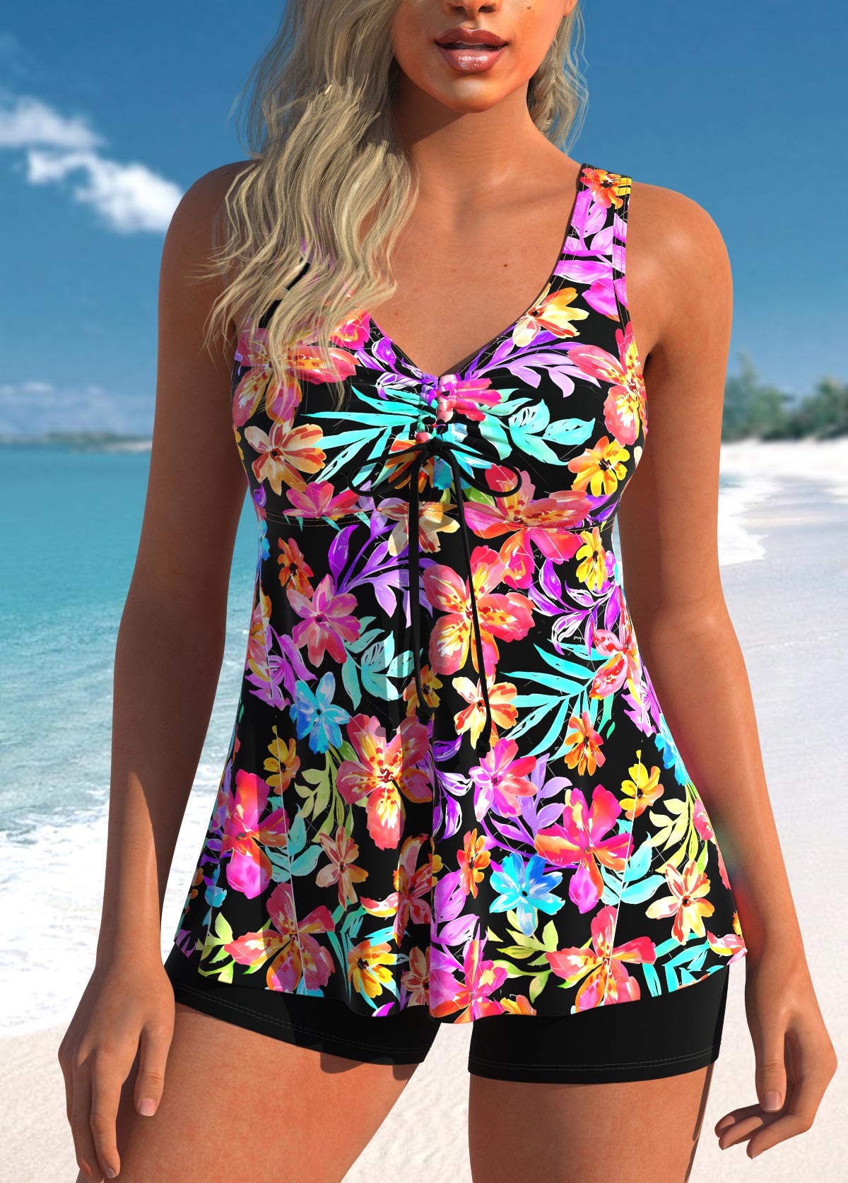 ROTITA Drawstring Multi Color Floral Print Tankini Top-No Bottom