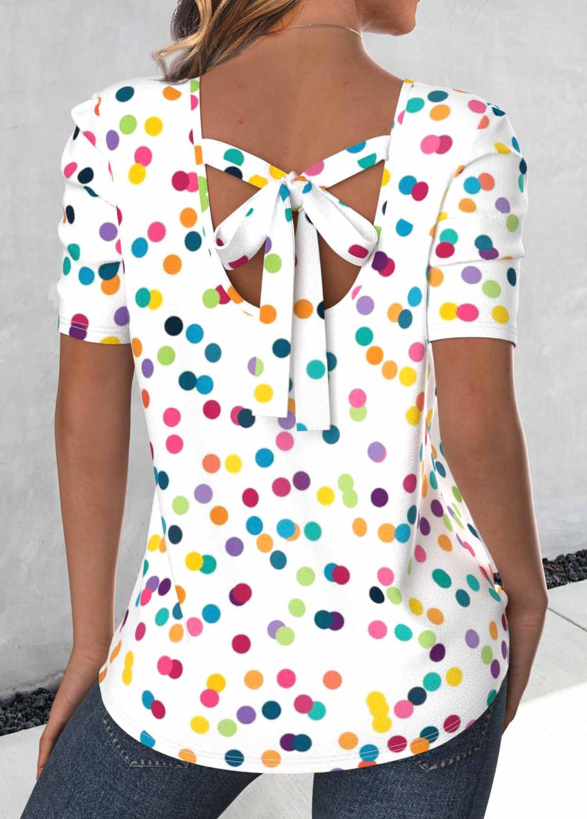 White tops,Dot tops,ROTITA Bowknot Polka Dot White Round Neck Short Sleeve Blouse