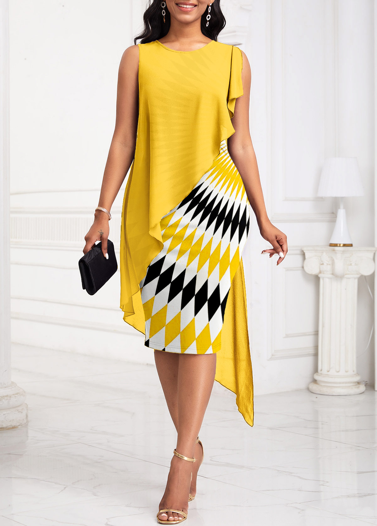 rotita patchwork vague motif imprimé jaune robe moulante col rond
