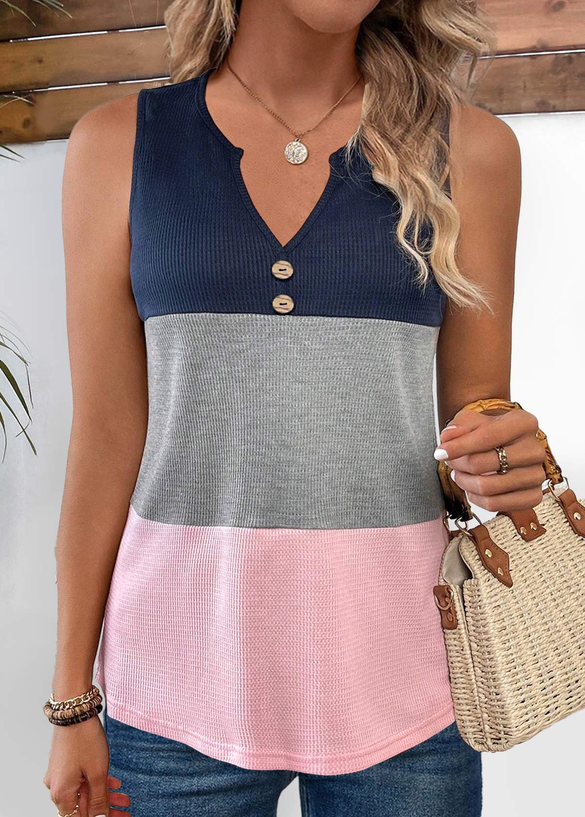 ROTITA Button Pink Split Neck Sleeveless Tank Top
