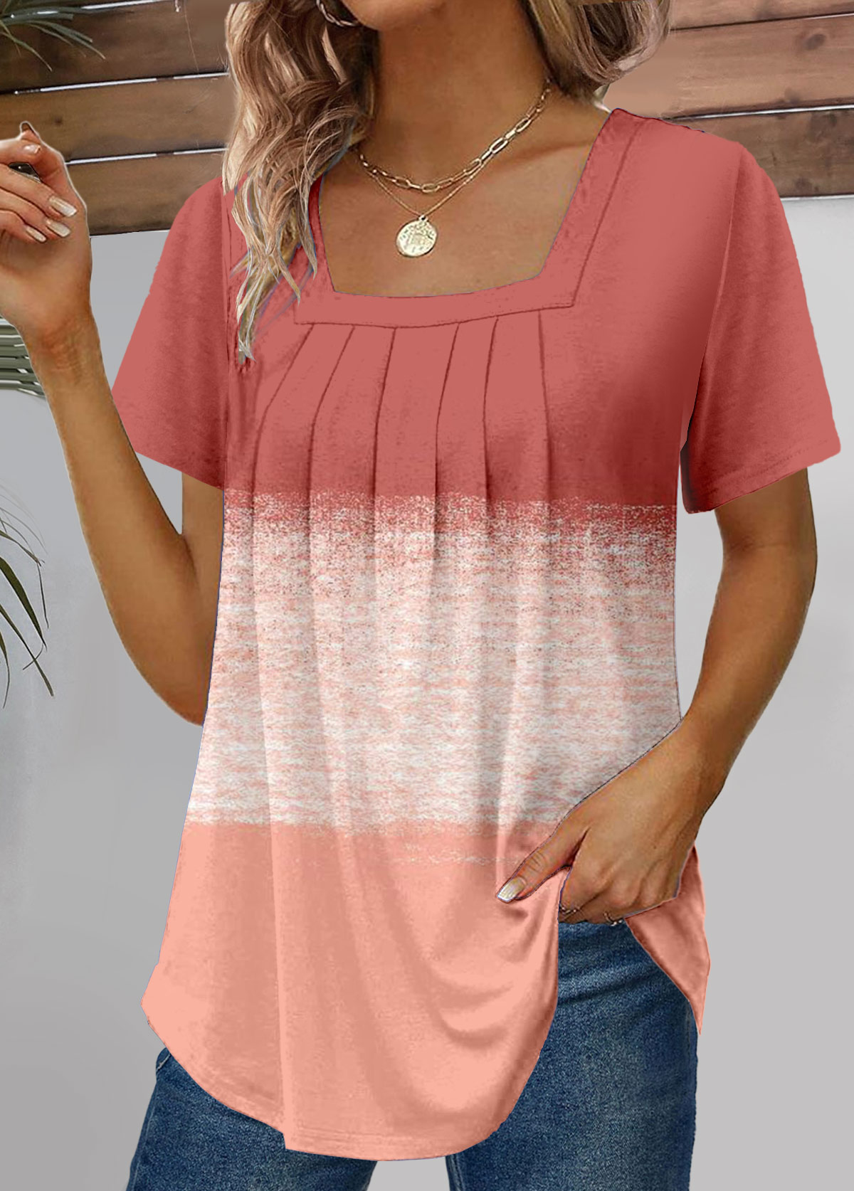 ROTITA Plus Size Ruched Dusty Pink Square Neck T Shirt