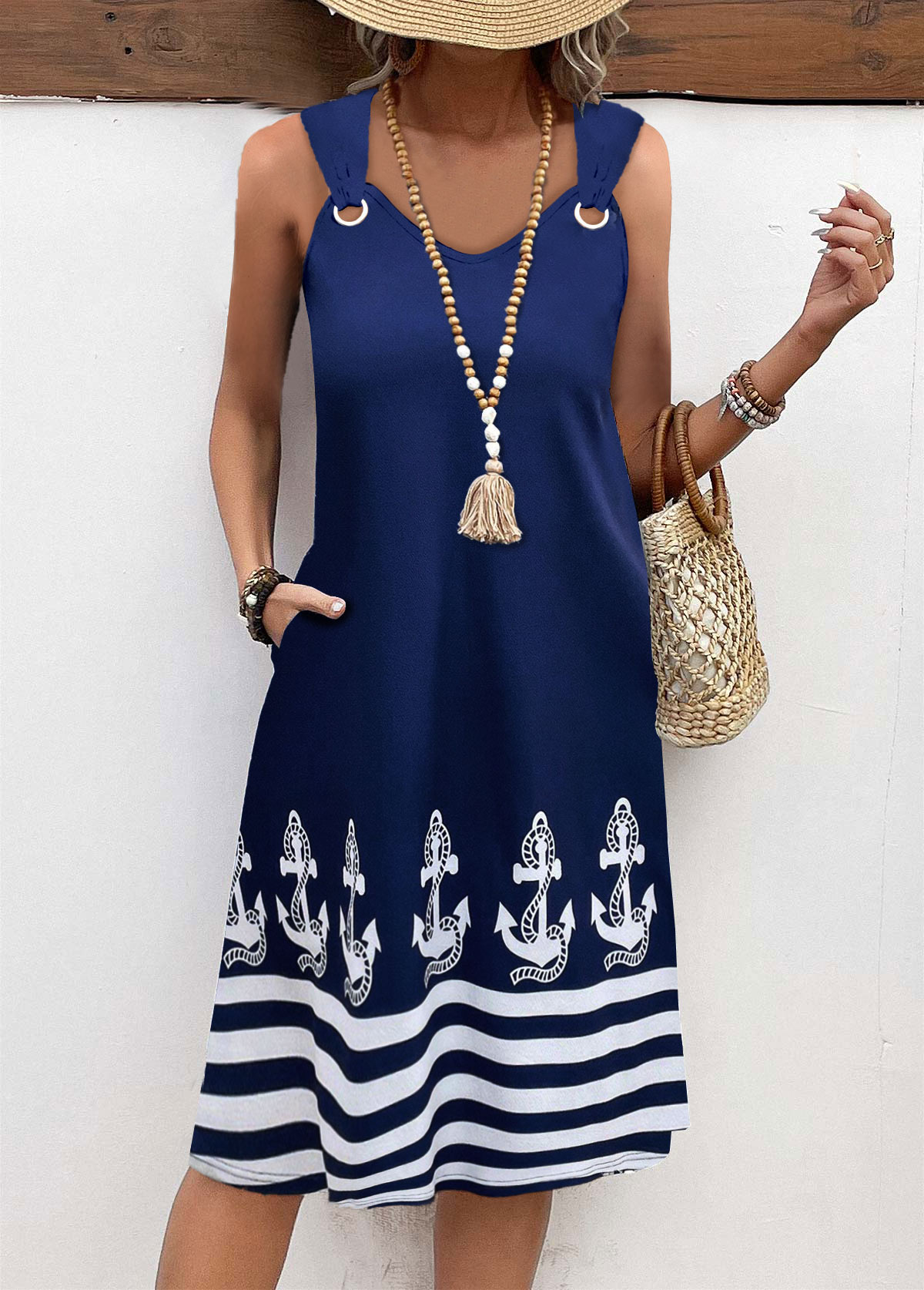 Navy dresses,Geometric dresses,Striped dresses,Everyday dresses,Casual dresses,ROTITA Tummy Coverage Geometric Print Navy V Neck Sleeveless Dress