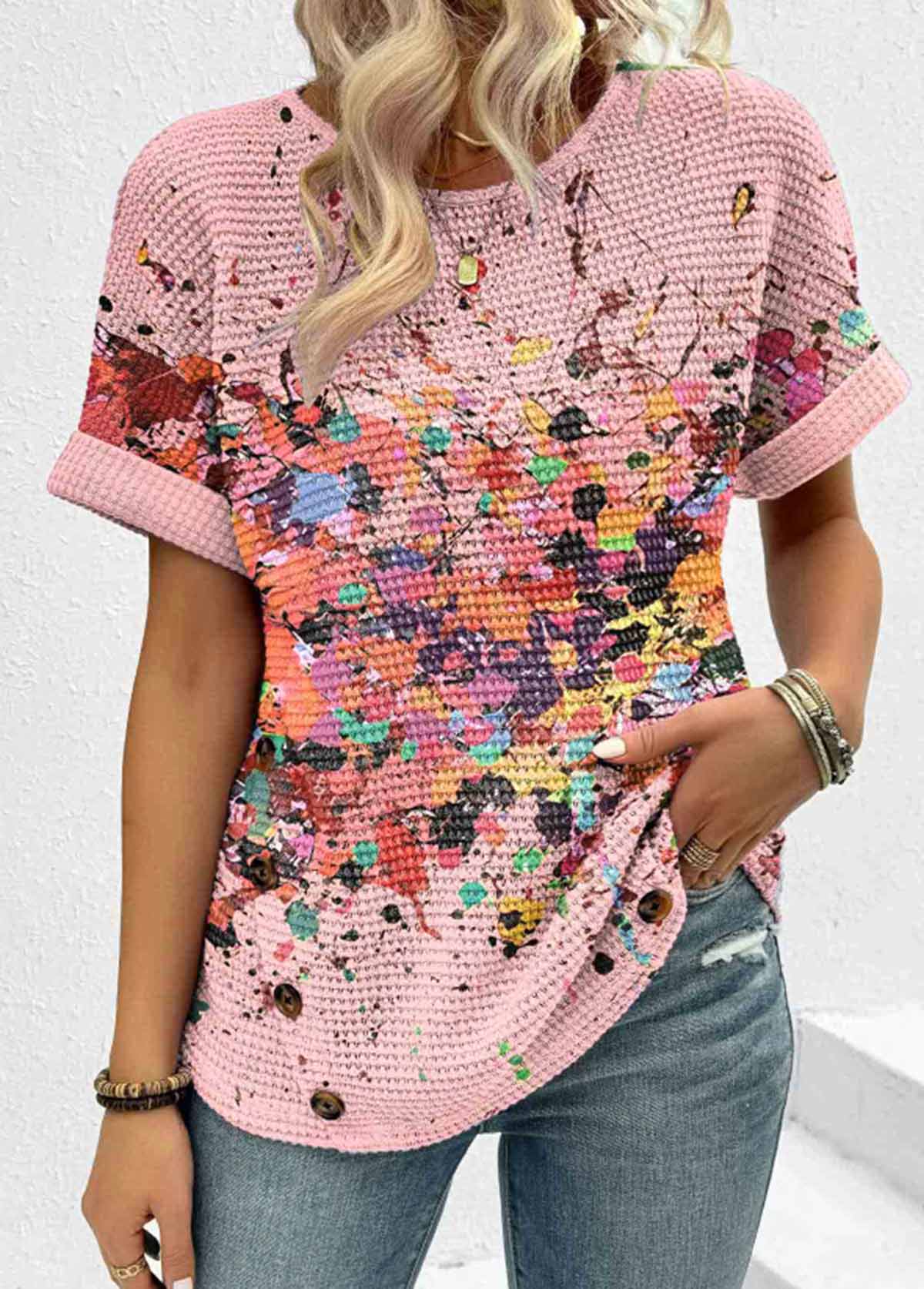 ROTITA Patchwork Dazzle Colorful Print Pink Round Neck T Shirt