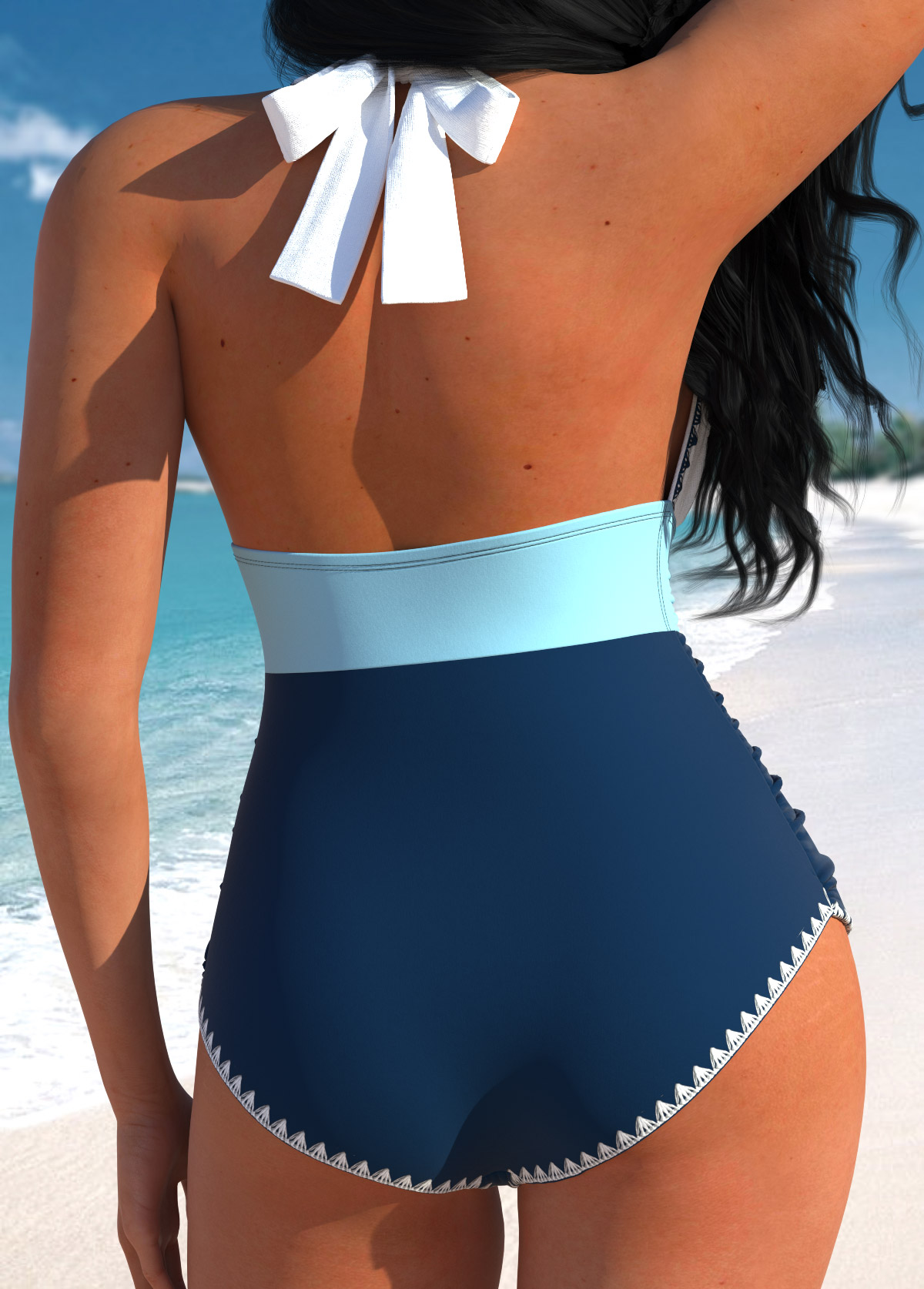 Navy swimwear,White swimwear,Contrast Color swimwear,ROTITA Patchwork Navy Tie One Piece Swimwear