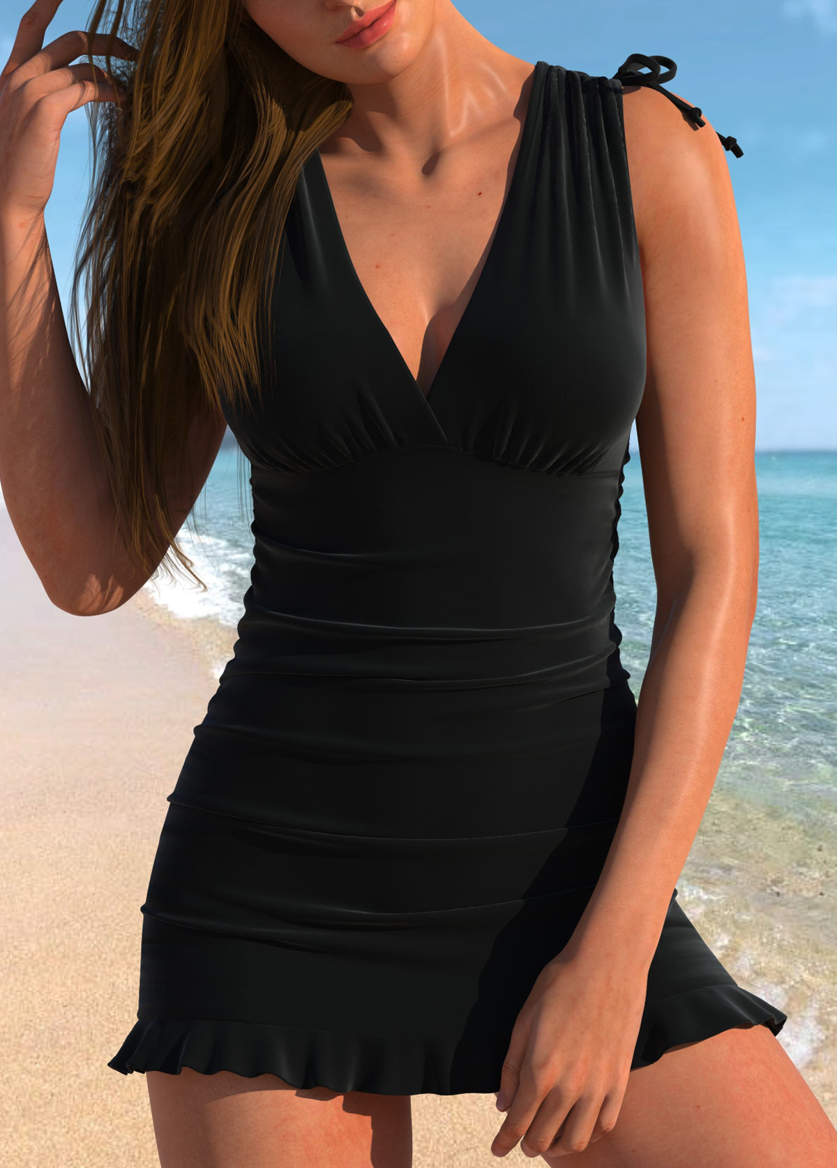 Black swimwear,Plain Color swimwear,ROTITA Ruched Black Tankini Top