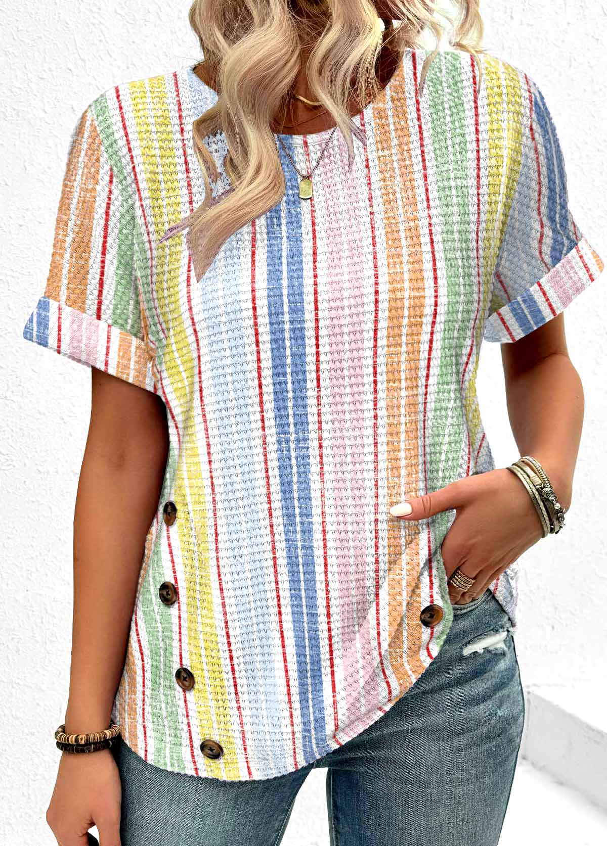 t-shirt à col rond multicolore à rayures boutonnées Rotita