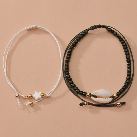 Black jewelry,White jewelry,Contrast Color jewelry,Seashell Detail Star Black Metal Anklet Set