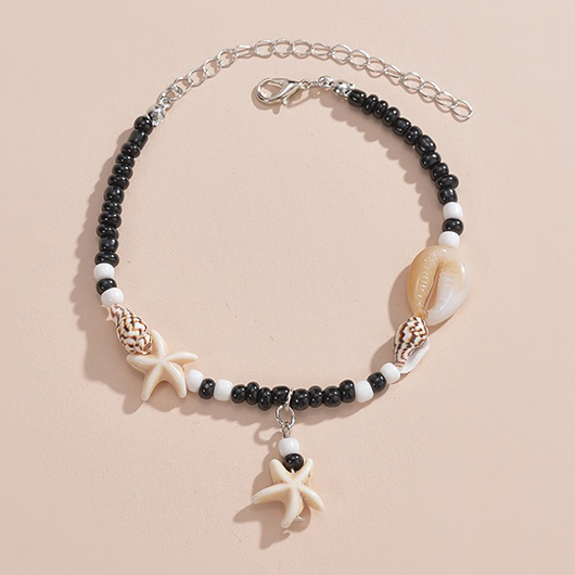 Schwarzes Fußkettchen aus Polyresin mit Muscheldetails und Perlen