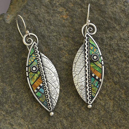 Leaf Design Beaded Silver Metal Earrings
