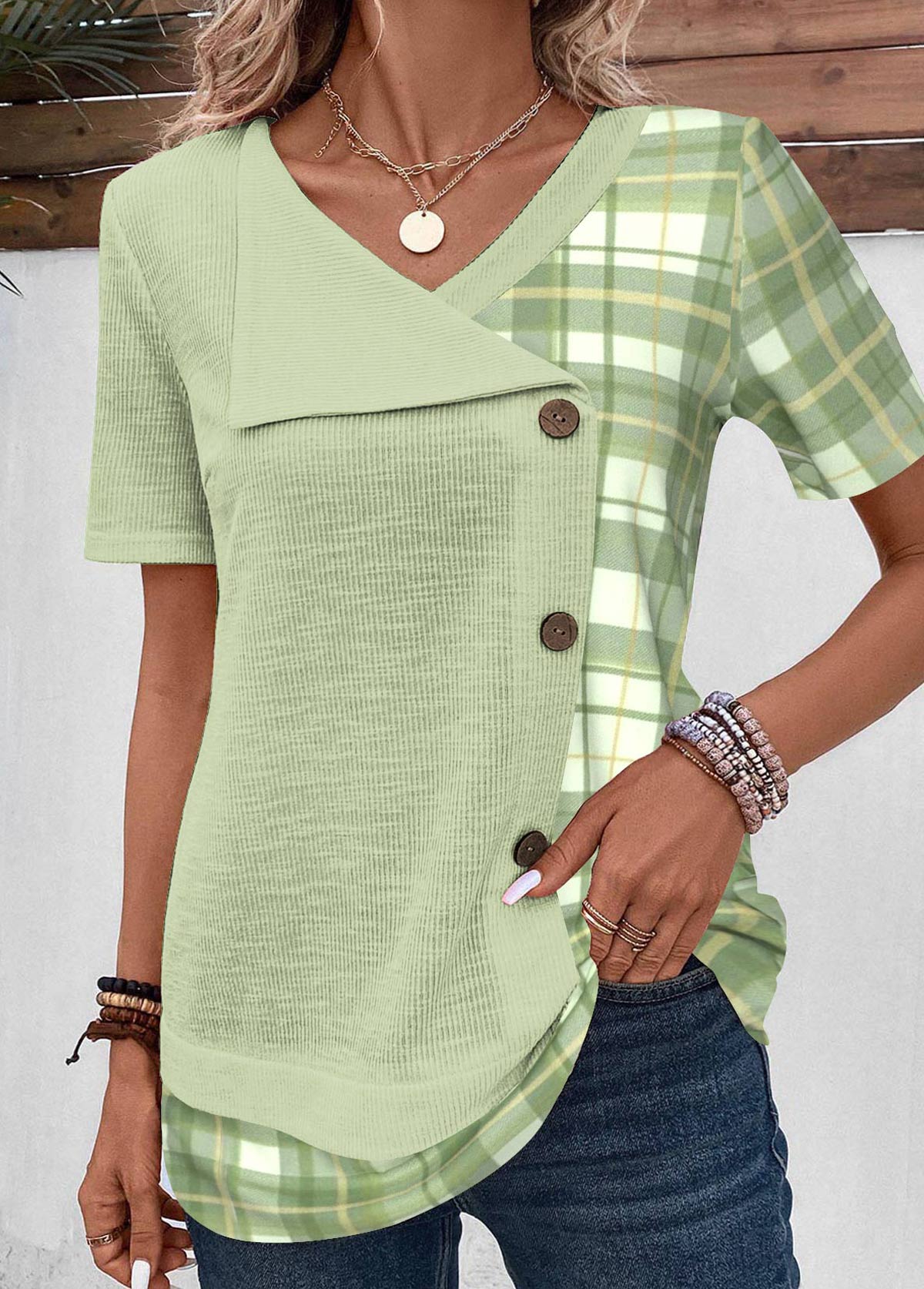 rotita patchwork plaid vert clair col en v blouse à manches courtes